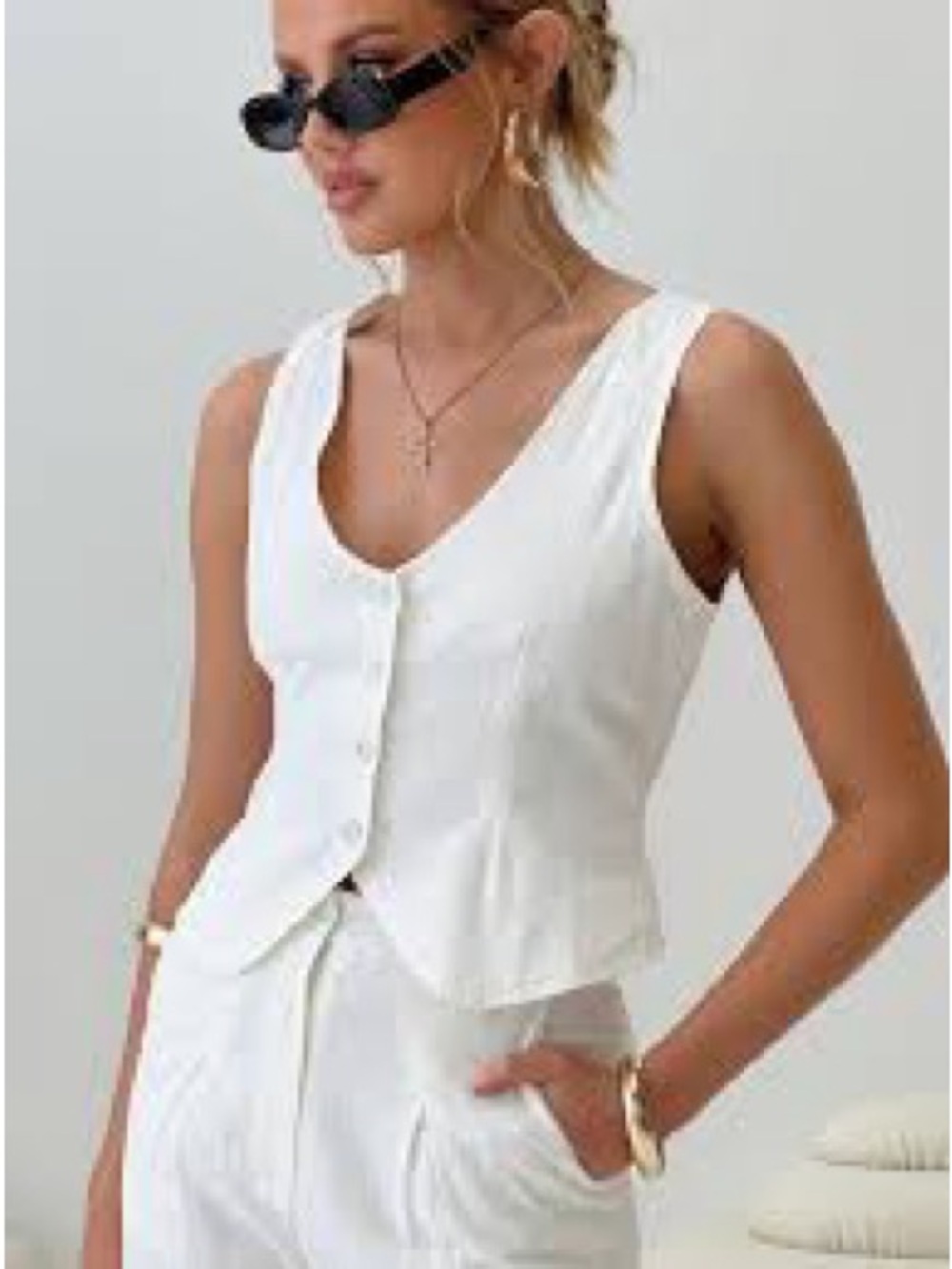 Princess Polly White Linen Blend Button Front Vest Top Size 4 EUC